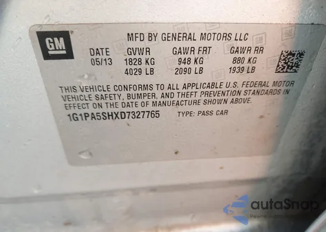 2013 Chevrolet Cruze Ls Auto из США, поврежденный, VIN 1G1PA5SHXD7327765